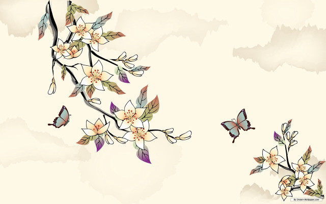 Branch flowers butterflies sky clouds free wallpaper for desktop - medium preview image