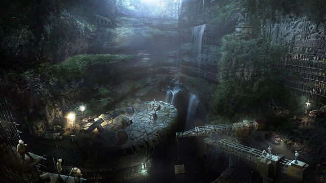 Dark cave waterfall man platform #2 free wallpaper for desktop - medium preview image