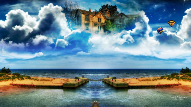 Surreal house beach pier hotairballoons free wallpaper for desktop - medium preview image
