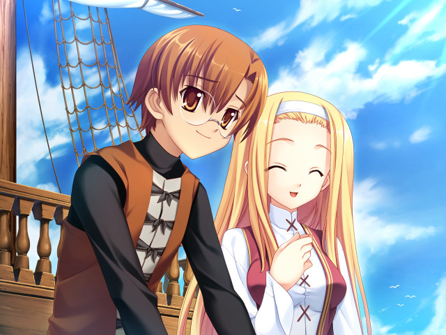 Anime couple balcony ship background free wallpaper for desktop - medium preview image