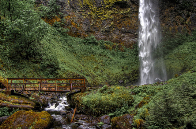 Waterfall bridge wooden moss rocks free wallpaper for desktop - medium preview image