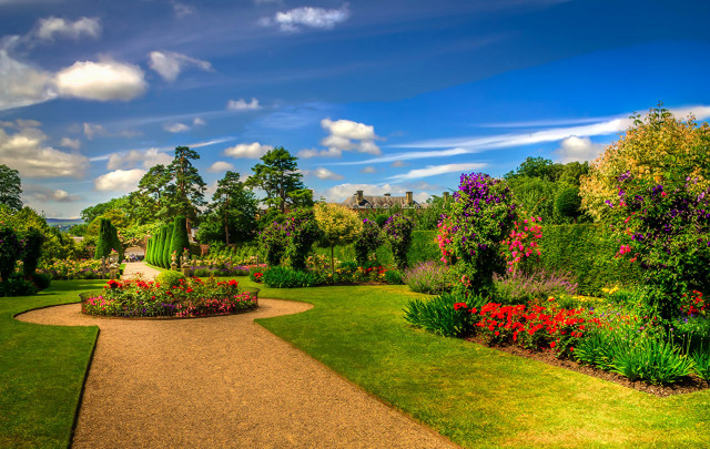 Garden pathway flowers trees castle free wallpaper for desktop - medium preview image