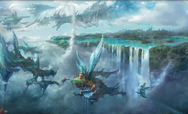 Waterfall birds flying castle painting free wallpaper for desktop - medium preview image