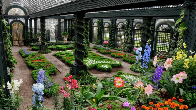 Garden flower statue bridge brick free wallpaper for desktop - medium preview image