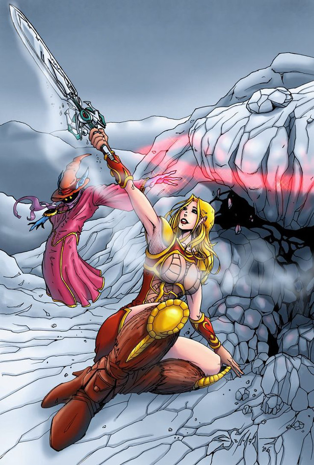 Woman kneeling sword demon behind free wallpaper for mobile - medium preview image