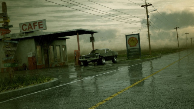 Car parked gas station rainy free wallpaper for desktop - medium preview image