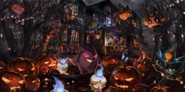 Pumpkins house lights cat autumn free wallpaper for desktop - medium preview image