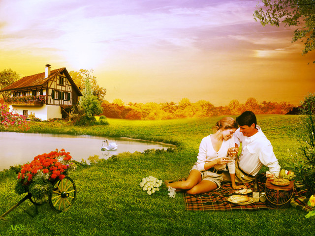 Man woman blanket field lake free wallpaper for desktop - medium preview image