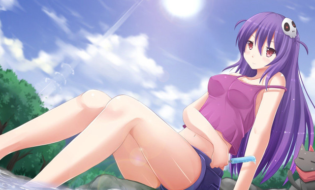 Purple haired girl sitting rock free wallpaper for desktop - medium preview image