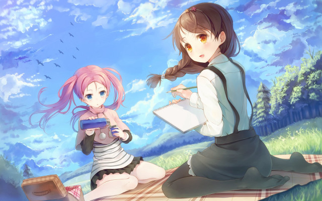Anime girls bench blue sky free wallpaper for desktop - medium preview image