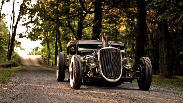 Vintage car woods road person free wallpaper for desktop - medium preview image