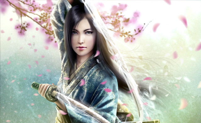 Woman sword painting pink flowers free wallpaper for desktop - medium preview image