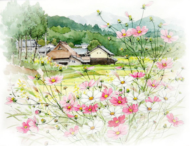 Field flowers houses watercolor country free wallpaper for desktop - medium preview image