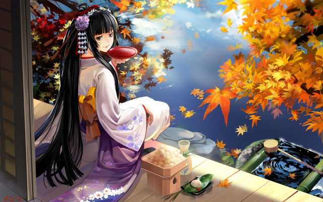 Woman kimono porch autumn leaves #2 free wallpaper for desktop - medium preview image