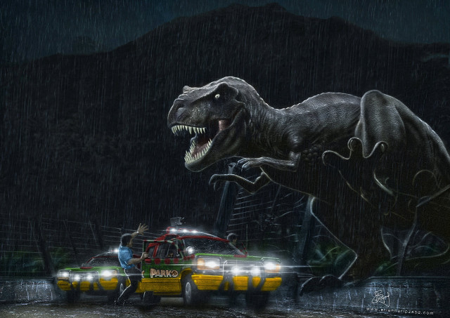 Dinosaur attacking taxi rain man free wallpaper for desktop - medium preview image