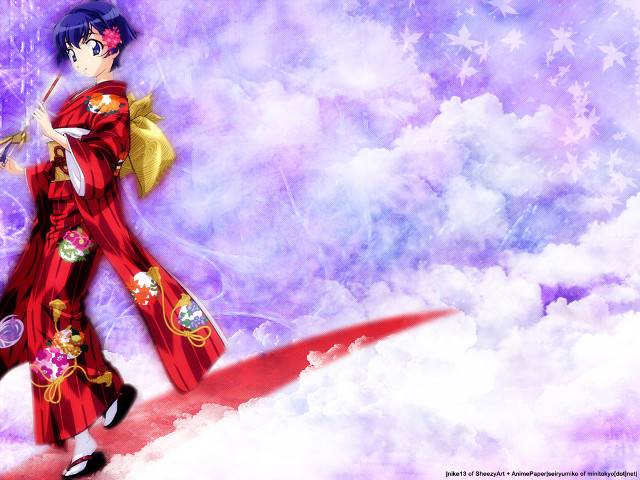 Red kimono woman purple background free wallpaper for desktop - medium preview image