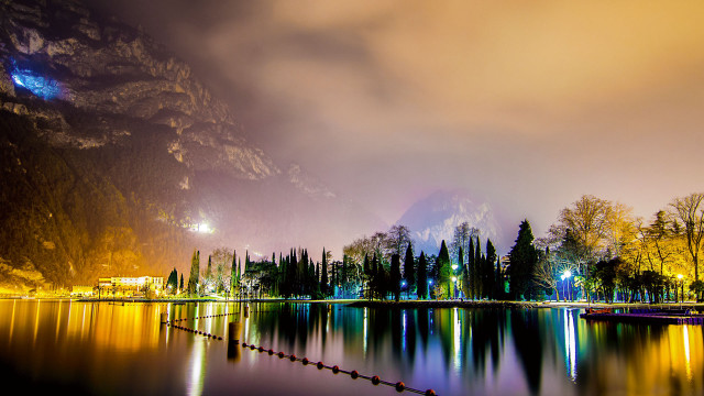 Lake mountain night lights reflection free wallpaper for desktop - medium preview image