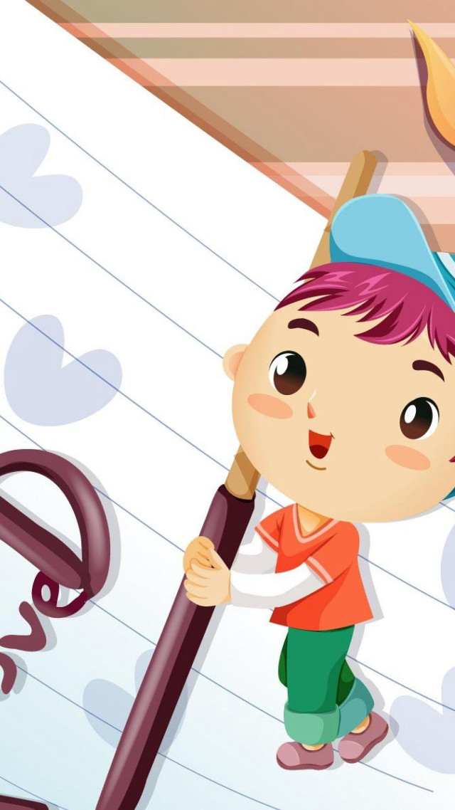 Young boy giant pencil question free wallpaper for mobile - medium preview image