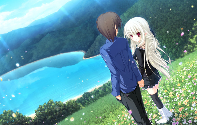 Anime girls field flowers lake free wallpaper for desktop - medium preview image