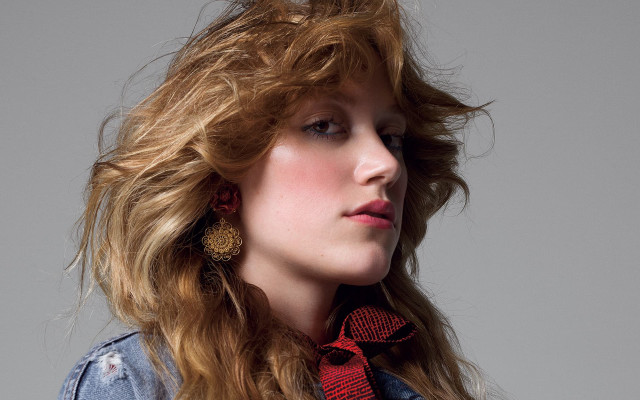 Woman denim jacket red tie free wallpaper for desktop - medium preview image