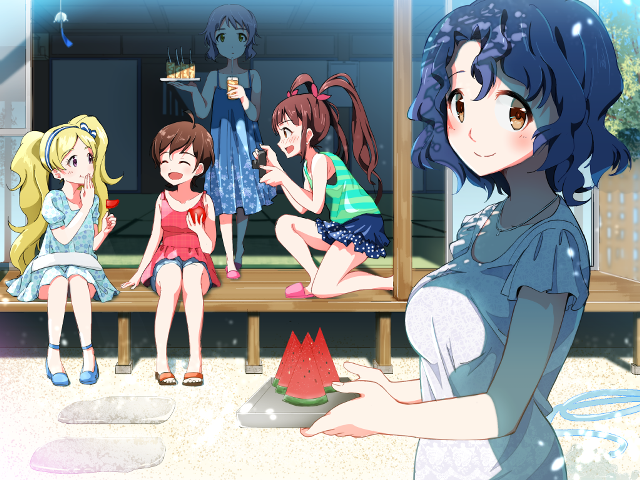 Girls porch watermelon slice standing free wallpaper for desktop - medium preview image