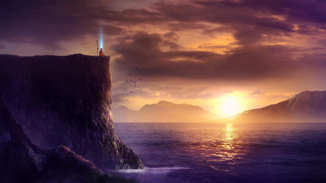Lighthouse cliff ocean sunset birds free wallpaper for desktop - medium preview image