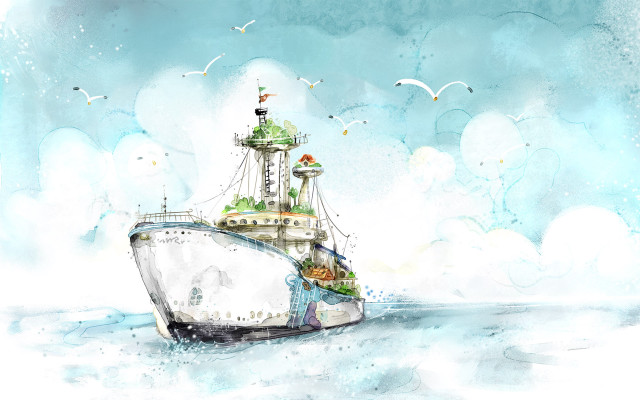 Boat lighthouse water birds drawing free wallpaper for desktop - medium preview image