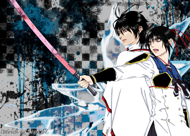 Anime characters swords pose blue #2 free wallpaper for desktop - medium preview image