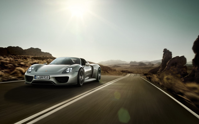 Silver sports car desert road free wallpaper for desktop - medium preview image
