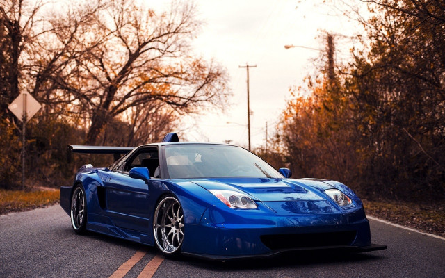 Blue sports car trees street free wallpaper for desktop - medium preview image