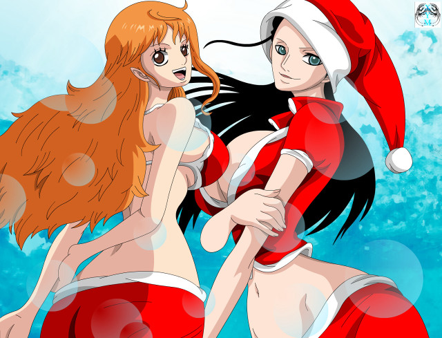 Two women santa hats standing free wallpaper for desktop - medium preview image