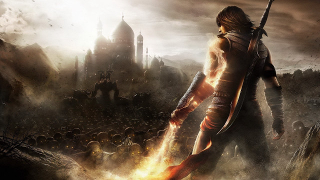 Woman holding sword castle fire free wallpaper for desktop - medium preview image