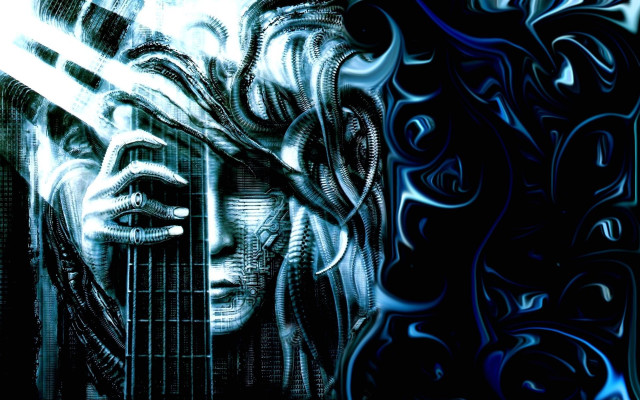 Gothic cyberpunk biomechanical woman guitar free wallpaper for desktop - medium preview image