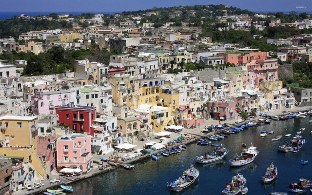 Harbor boats city buildings trees free wallpaper for desktop - medium preview image