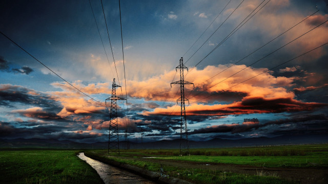 Sunset power lines field road free wallpaper for desktop - medium preview image
