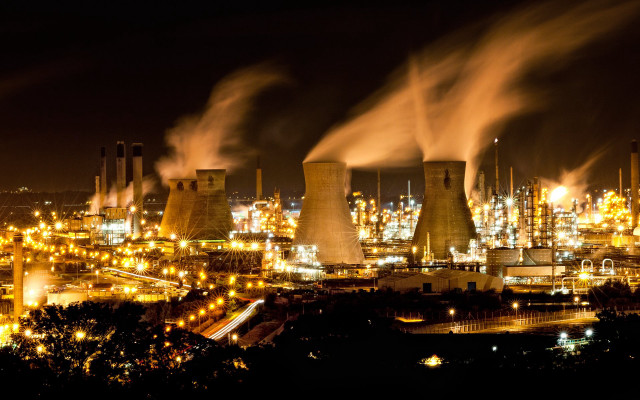Factory smokestacks night city buildings free wallpaper for desktop - medium preview image