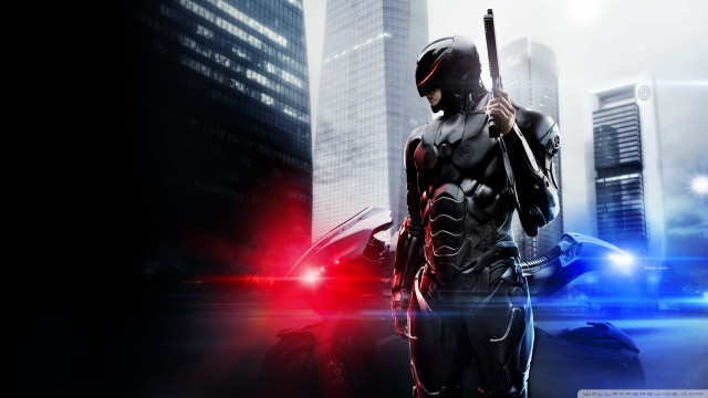 Futuristic man police car city free wallpaper for desktop - medium preview image