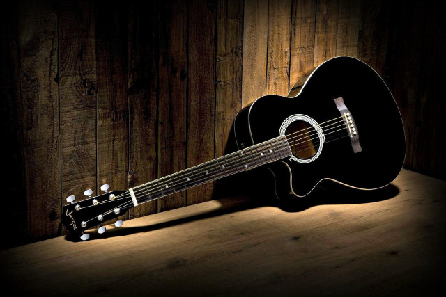 Guitar wooden table dark background free wallpaper for desktop - medium preview image