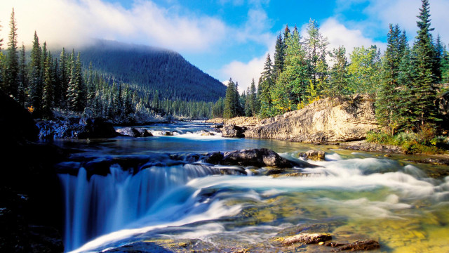 River waterfall trees mountains bridge free wallpaper for desktop - medium preview image