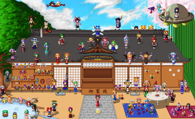 Japanese house people fountain cartoon free wallpaper for desktop - medium preview image