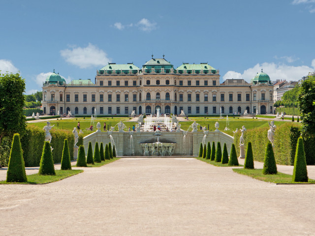 Fountain building trees walkway panorama free wallpaper for desktop - medium preview image