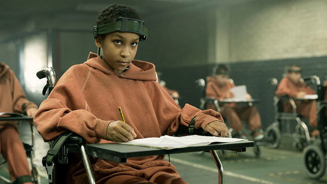 Young boy wheelchair writing blindfold free wallpaper for desktop - medium preview image