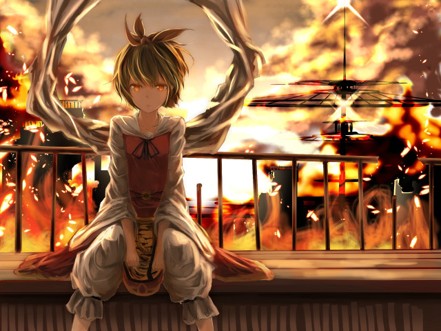 Girl sitting ledged fire helicopter free wallpaper for desktop - medium preview image