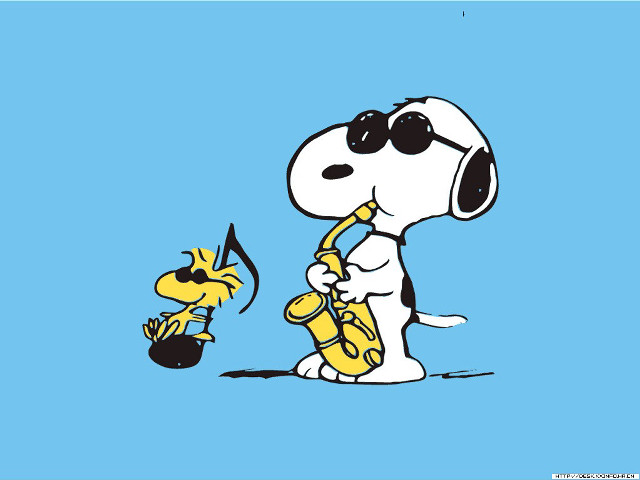 Cartoon dog saxophone blue background free wallpaper for desktop - medium preview image