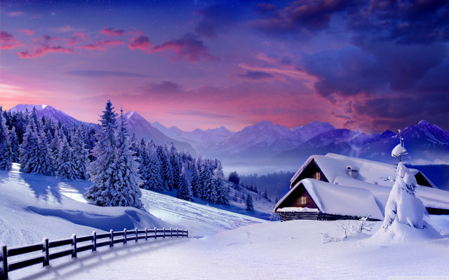 Snowy mountain cabin fence pink free wallpaper for desktop - medium preview image