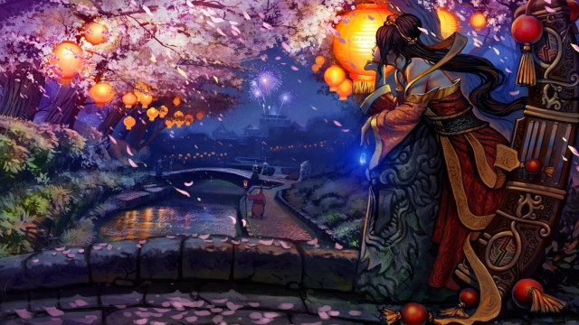 Woman holding lantern park night #3 free wallpaper for desktop - medium preview image