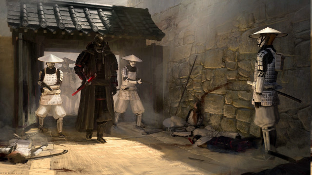 Medieval costumes group doorway stone free wallpaper for desktop - medium preview image