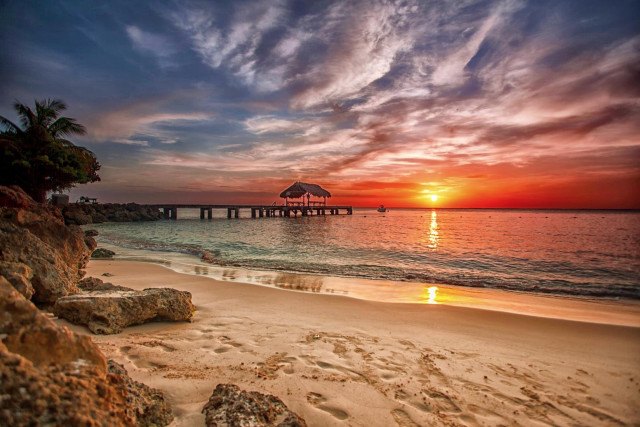 Sunset beach pier clouds sky free wallpaper for desktop - medium preview image