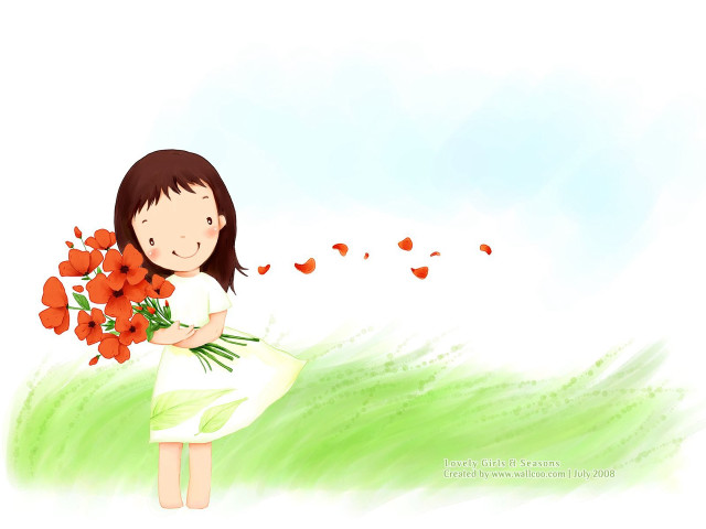 Girl holding bouquet butterfly flying free wallpaper for desktop - medium preview image