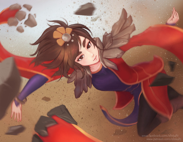 Girl red cape flying explosions free wallpaper for desktop - medium preview image